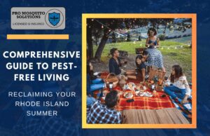 A graphic illustrating tips and strategies for pest-free living in Rhode Island, featuring common pests and prevention techniques.