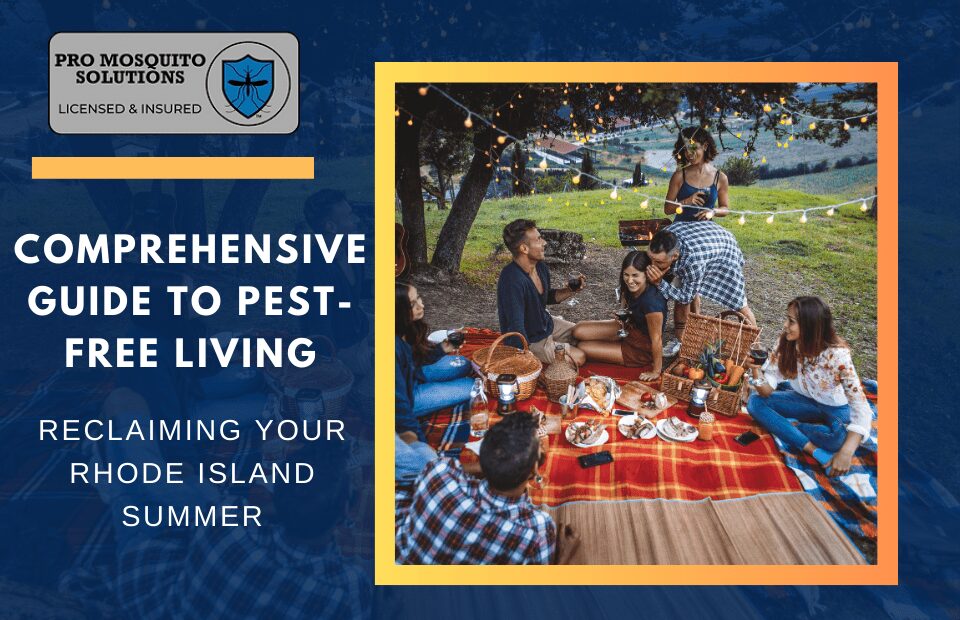 A graphic illustrating tips and strategies for pest-free living in Rhode Island, featuring common pests and prevention techniques.