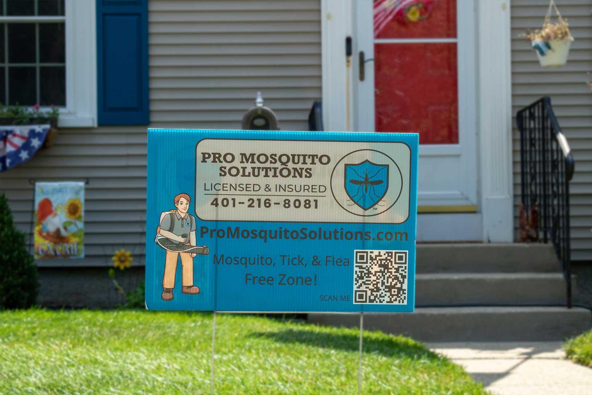 Pro Mosquito Solutions yard sign with mascot and bold symbols for tick, mosquito, and flea-free zones, symbolizing a secure, pest-free yard in Rhode Island.