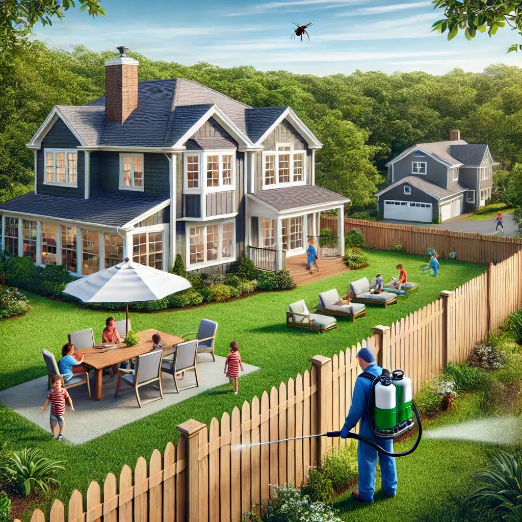 A serene Rhode Island backyard, free from pests, showcasing a family enjoying outdoor living with the help of Pro Mosquito Solutions’ pest control services.