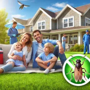 A happy family enjoying their pest-free yard, symbolizing the effectiveness of Pro Mosquito Solutions’ pest control services in Rhode Island.