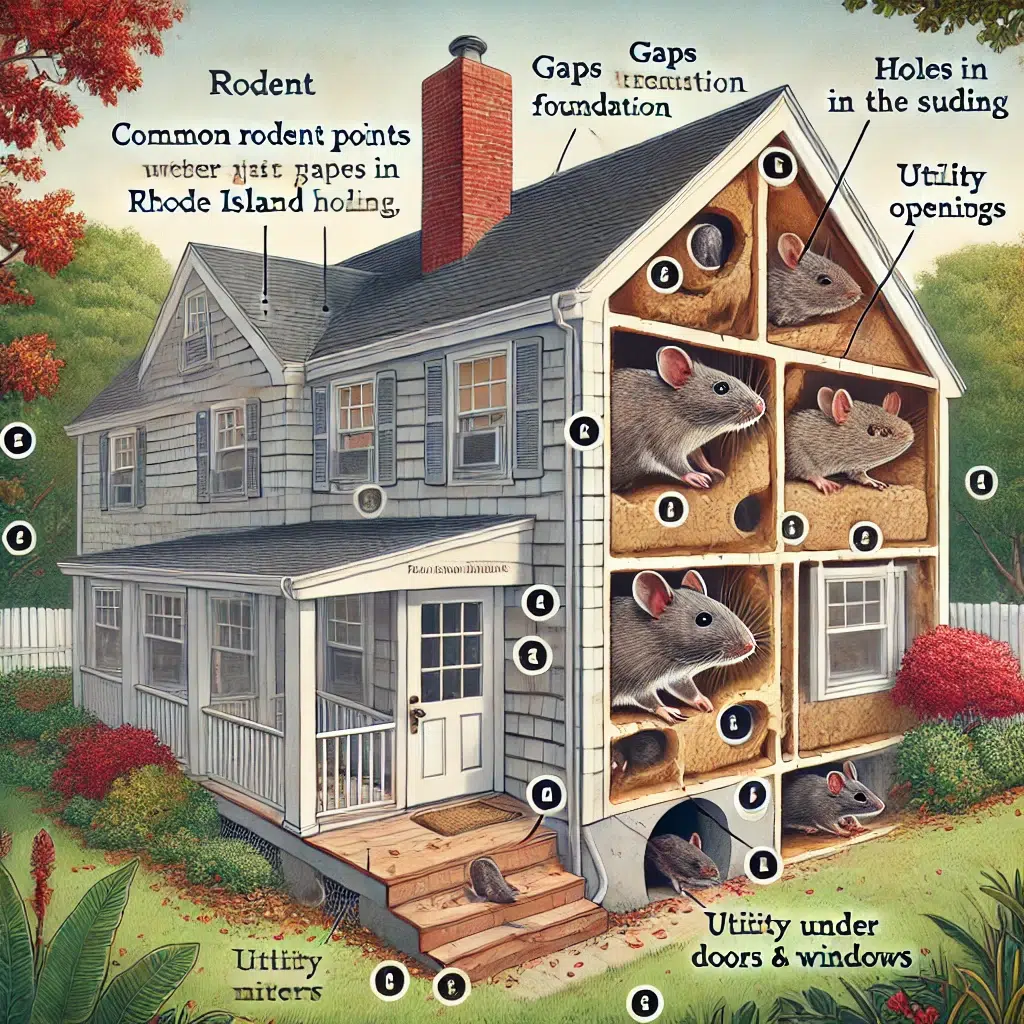 Common rodent entry points in Rhode Island homes, highlighting areas like gaps, vents, and cracks where mice and rats can invade, addressed by Pro Mosquito Solutions.