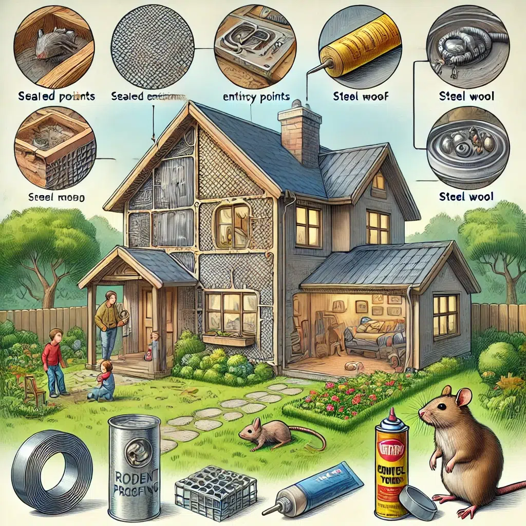 A detailed illustration showing rodent-proofing techniques, including sealing cracks, securing vents, and managing food storage, tailored for Rhode Island homes.