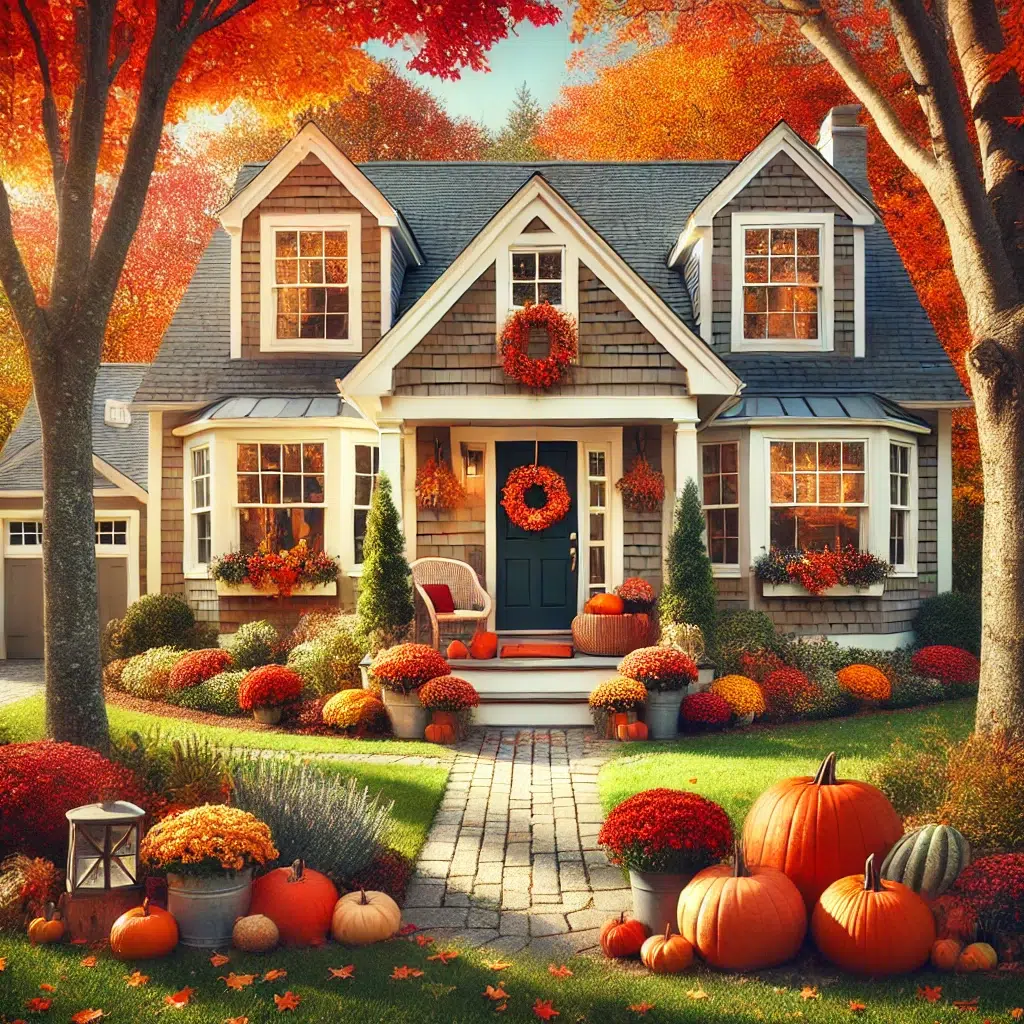 A cozy Rhode Island home in autumn, surrounded by vibrant fall foliage, showcasing shades of orange, red, and yellow leaves, emphasizing the importance of seasonal rodent control as temperatures drop and rodents seek shelter indoors.