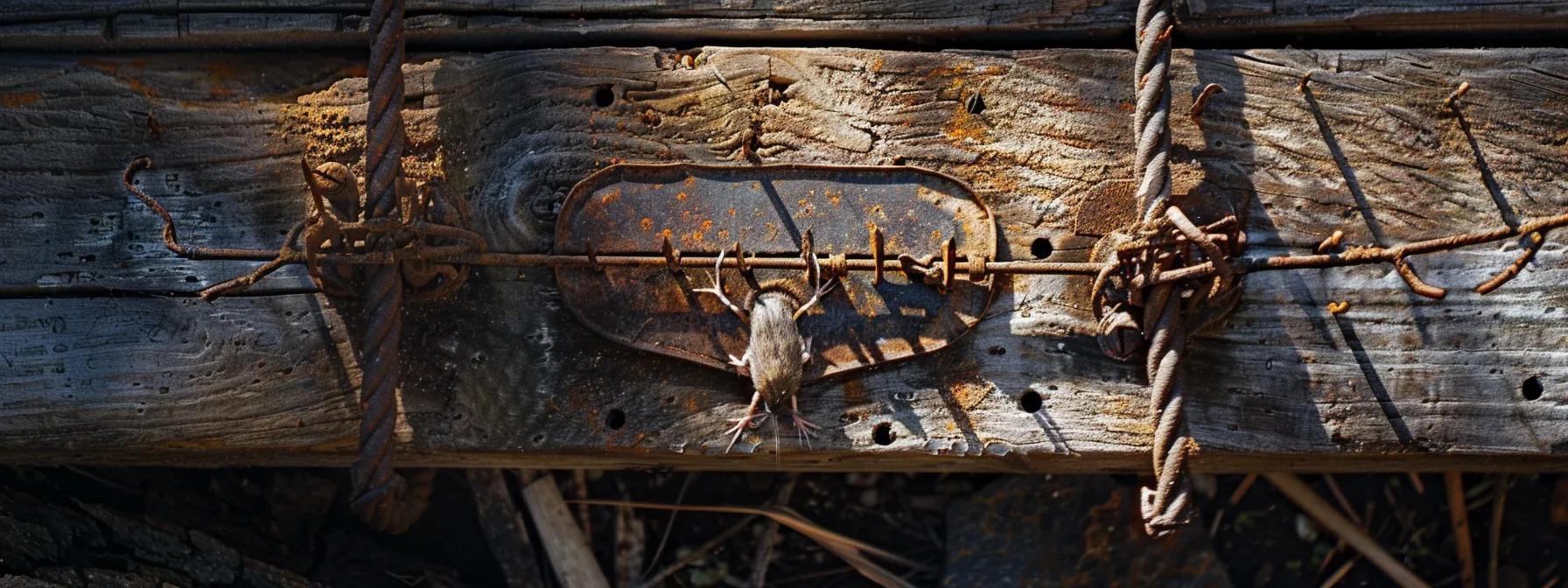 A close-up of a cleverly designed rodent trap set against a rustic Rhode Island backdrop, showcasing its effectiveness in controlling mice and rats.