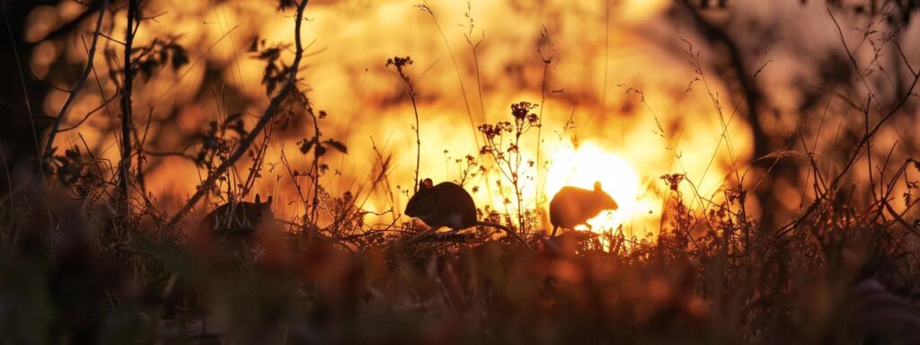 a lush, vibrant rhode island landscape at dusk captures a family of mice scurrying through underbrush, silhouetted against a warm sunset, highlighting the intricate dynamics of rodent behavior in their natural habitat.