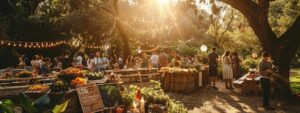 A lively outdoor picnic with guests enjoying fresh food, surrounded by lush greenery, with educational signs promoting pest awareness and prevention.