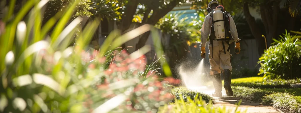 Professional pest control technicians carefully apply safe and effective treatment in a serene, eco-friendly garden, emphasizing sustainability and expert care.