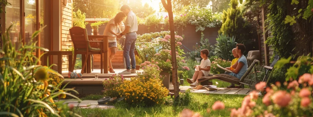 A happy family relaxes in a pest-free backyard, surrounded by lush greenery and blooming flowers, showcasing the peace and safety provided by professional pest control services.