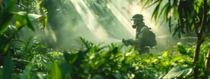 A professional pest control technician in protective gear expertly applies mosquito control treatment to lush greenery in a vibrant garden under soft morning light, highlighting effective pest management.