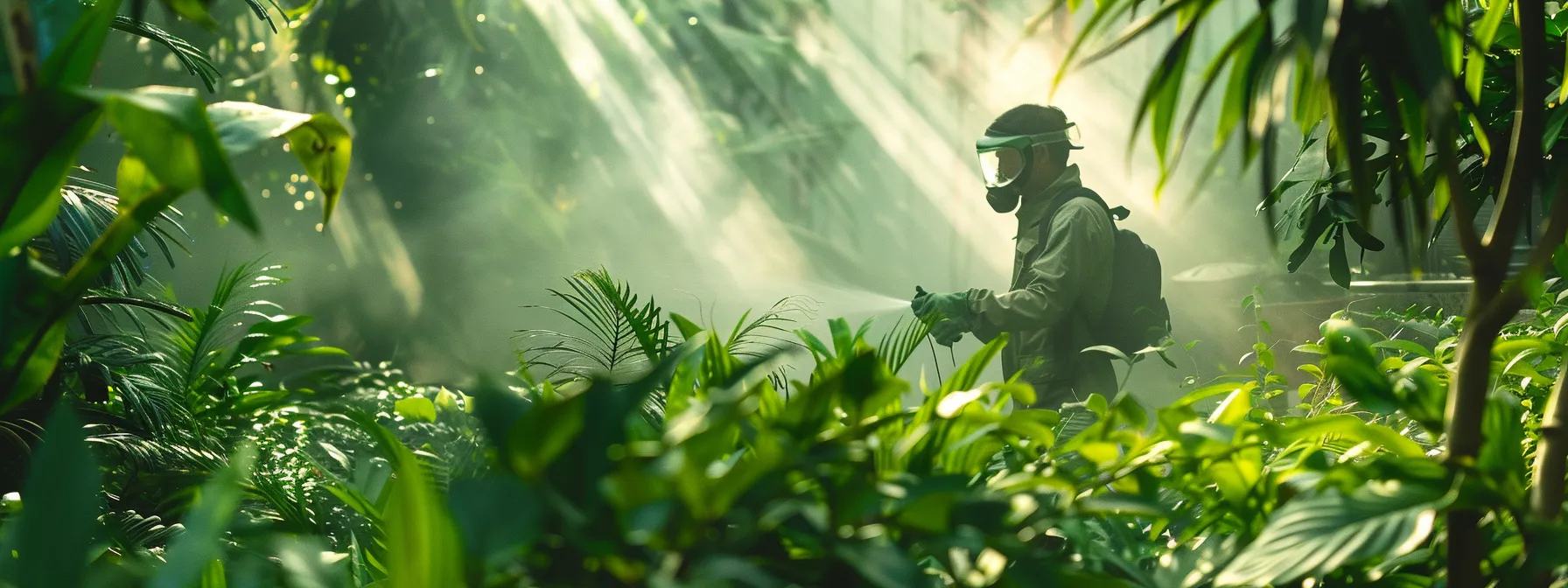 A professional pest control technician in protective gear expertly applies mosquito control treatment to lush greenery in a vibrant garden under soft morning light, highlighting effective pest management.