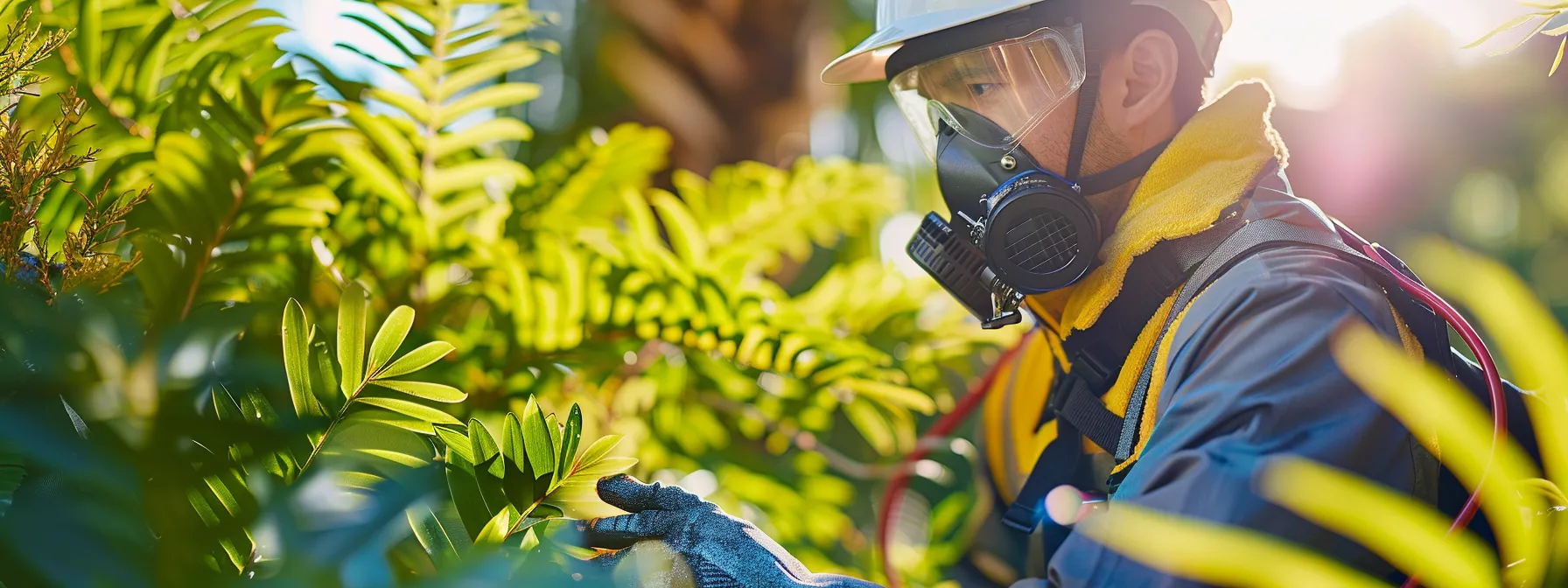 A close-up of a pest control technician in a vibrant green garden, confidently inspecting traps and spray equipment under bright sunlight, surrounded by flourishing plants and a clear blue sky.