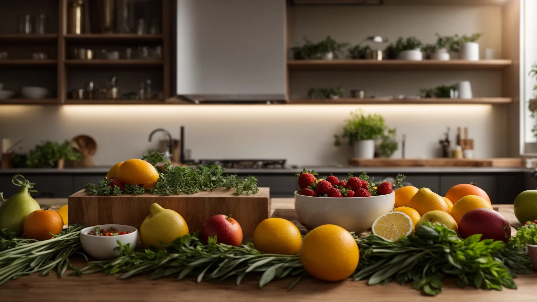 A pristine kitchen with a stylish, natural pest control trap placed among vibrant herbs and fresh fruits, illuminated by warm, inviting light.