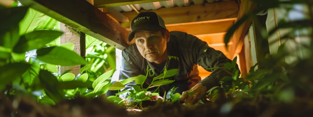 A skilled pest control technician carefully inspects a well-maintained home’s crawl space using advanced equipment, ensuring a pest-free environment with lush greenery in the background.