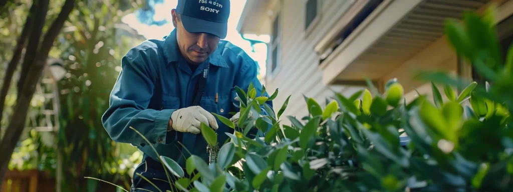 A professional pest control technician carefully inspects a residential property, surrounded by vibrant greenery, emphasizing a commitment to safe and effective pest management.