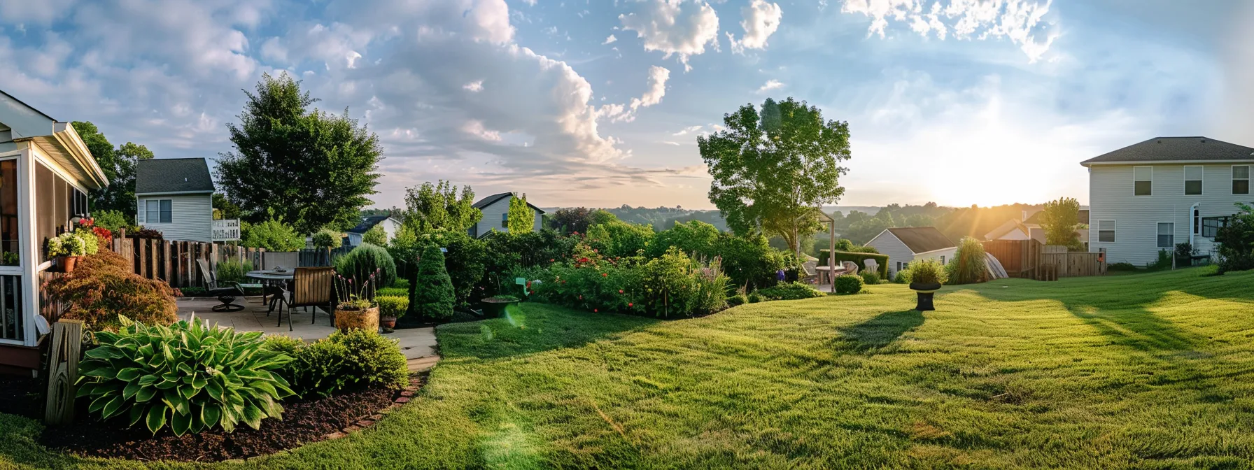A vibrant Rhode Island backyard filled with lush greenery and decorative pest-repelling plants, featuring natural traps and deterrents under a sunny, clear sky.