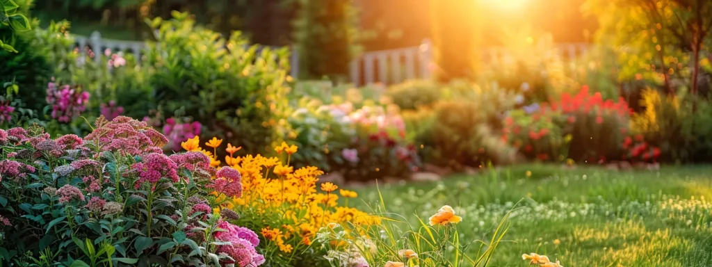 A tranquil backyard in Cranston, RI at sunset, featuring colorful flowers and lush greenery, symbolizing the peace of mind achieved through effective pest control solutions.