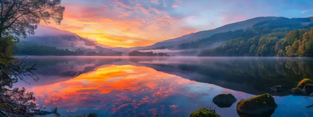 a breathtaking sunrise illuminates a tranquil mountain lake, reflecting vibrant hues of orange and pink on the crystal-clear water.