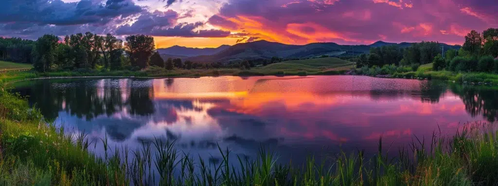 a breathtaking sunset casts vibrant hues of orange and purple over a tranquil lake, reflecting majestic mountains in the background, creating a serene atmosphere filled with natural beauty.