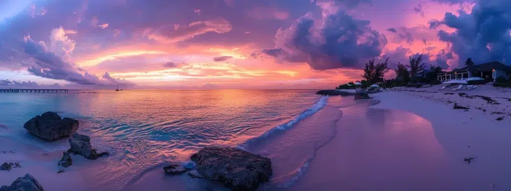 a mesmerizing sunset casts vibrant hues of orange and pink across a serene beach scene, where gentle waves lap at the shore under a dramatic, cloud-streaked sky.