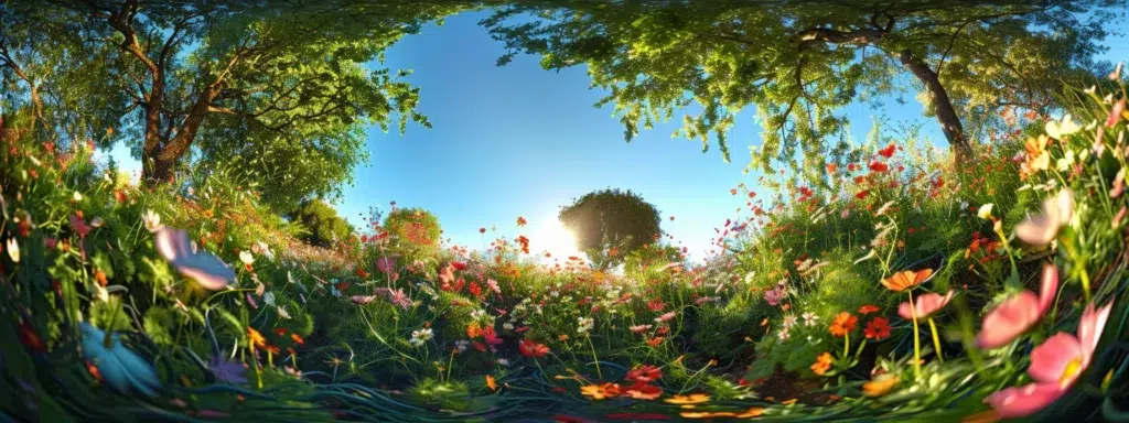a vibrant, sunlit meadow blossoms with a kaleidoscope of wildflowers, framed by towering, lush green trees under a clear blue sky.