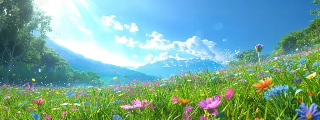 a vibrant, sunlit meadow bursts with colorful wildflowers under a brilliant blue sky, evoking a sense of serenity and the beauty of nature in full bloom.