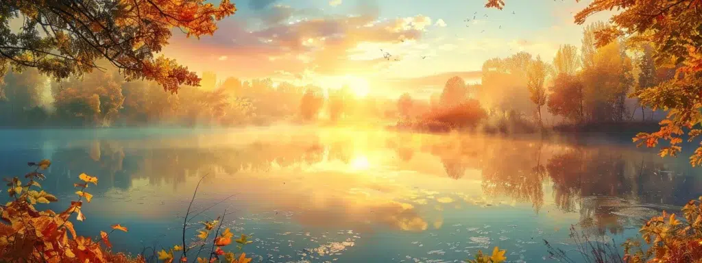 a vibrant sunrise casts golden light over a serene, mist-covered lake, reflecting the colorful autumn trees that frame the tranquil water.