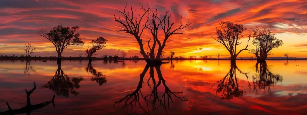 a vibrant sunset casts a warm golden glow over a tranquil lake, where the still waters perfectly reflect the fiery sky and silhouetted trees lining the shore.