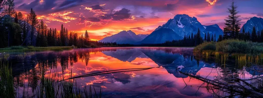 a vibrant sunset casts a warm glow over a serene lake, with shimmering reflections of the colorful sky and silhouettes of majestic mountains in the distance.