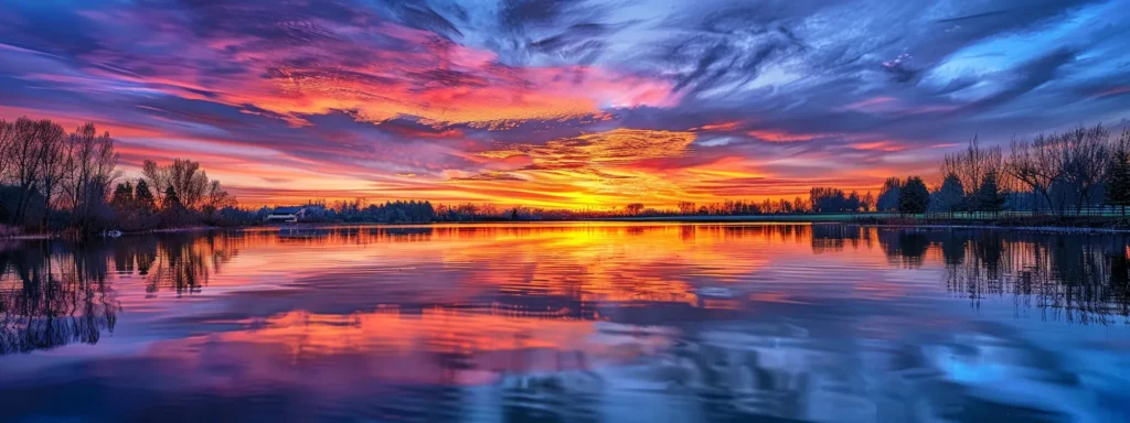 a vibrant sunset casts a golden glow over a tranquil lake, with rippling reflections of the colorful sky blending seamlessly into the calm water.