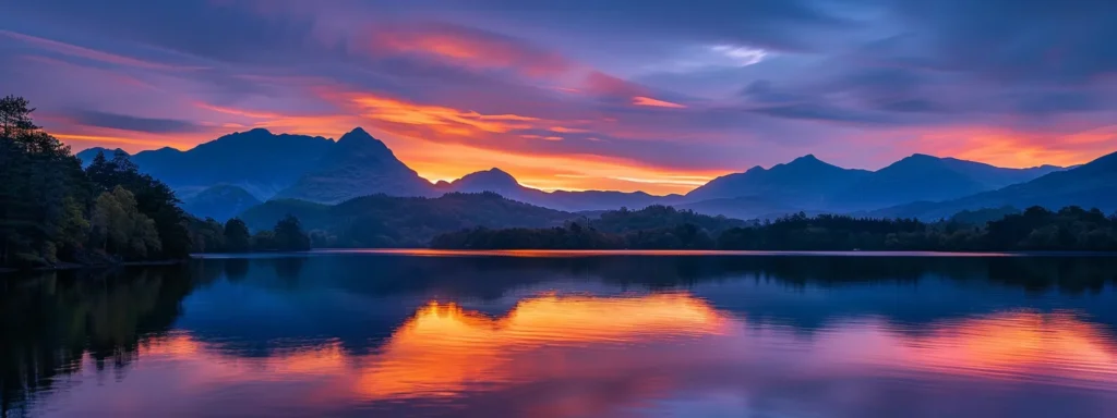 a vibrant sunset casts a warm glow over a tranquil lake, reflecting the colorful hues of the sky while majestic mountains stand in the background, creating a captivating and serene atmosphere.