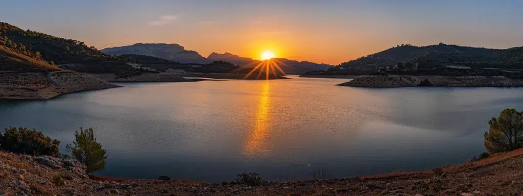 a vibrant sunset casts a warm golden glow over a tranquil lake, surrounded by majestic mountains that reflect their colors in the still water, embodying serenity and natural beauty.
