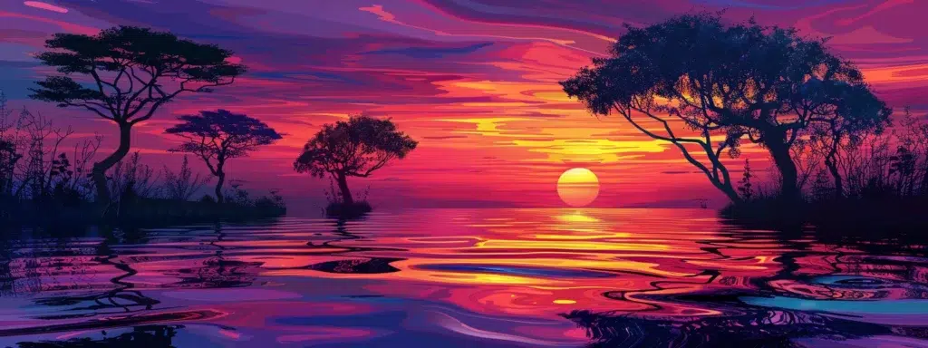 a vibrant sunset over a tranquil lake, casting a kaleidoscope of colors on the water's surface while silhouetted trees frame the scene, creating a serene and reflective atmosphere.