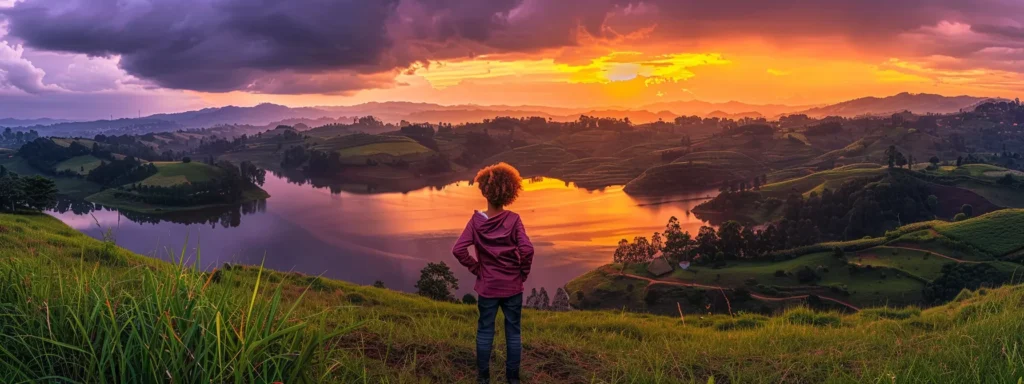 a vibrant sunset paints the sky in rich hues of orange and purple, silhouetting a serene landscape of rolling hills and a tranquil lake reflecting the stunning colors above.