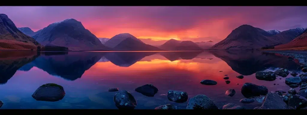 a breathtaking sunset casts vibrant hues of orange and purple over a serene lake, reflecting the majestic silhouettes of distant mountains in crystal-clear water.