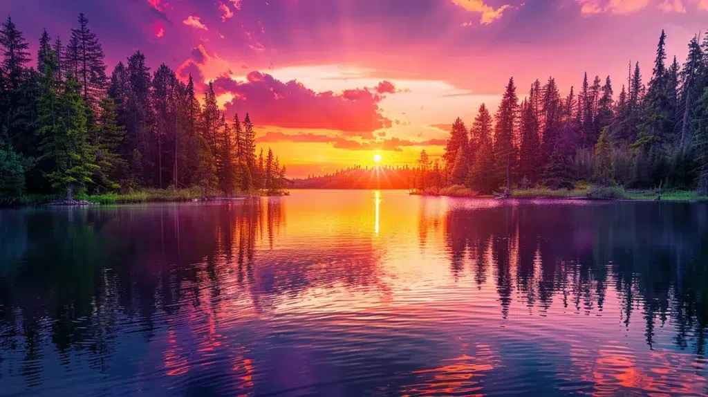 a breathtaking sunset casts a vibrant tapestry of oranges and purples over a tranquil lake, reflecting the stunning colors and surrounded by lush, serene trees.