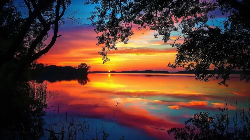 a vibrant sunset casts a warm glow over a tranquil lake, reflecting the fiery colors of the sky while silhouetted trees frame the serene waterscape in a captivating embrace.
