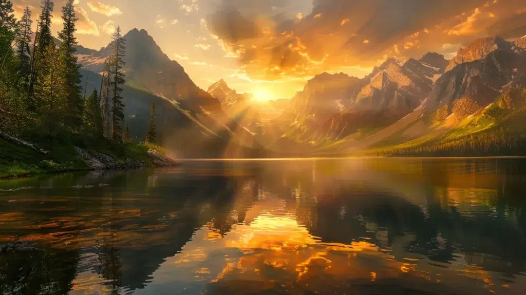 a breathtaking sunset casts a warm golden hue over a serene mountain lake, reflecting the dramatic peaks and vibrant sky, inviting contemplation and tranquility.