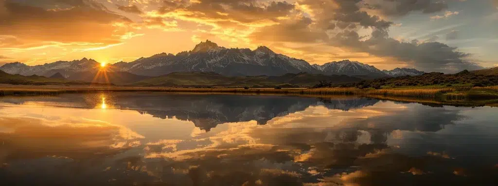 a serene sunrise casts a golden glow over a tranquil lake, with majestic mountains reflecting in the placid water, creating a breathtaking landscape that embodies peace and harmony.