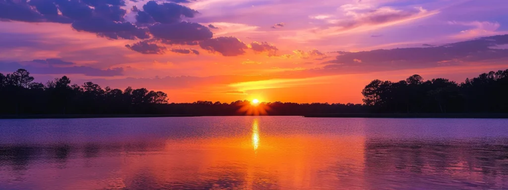 a breathtaking sunset casts vibrant hues of orange and purple over a tranquil lake, with silhouette trees lining the shore against a serene, reflective water surface.
