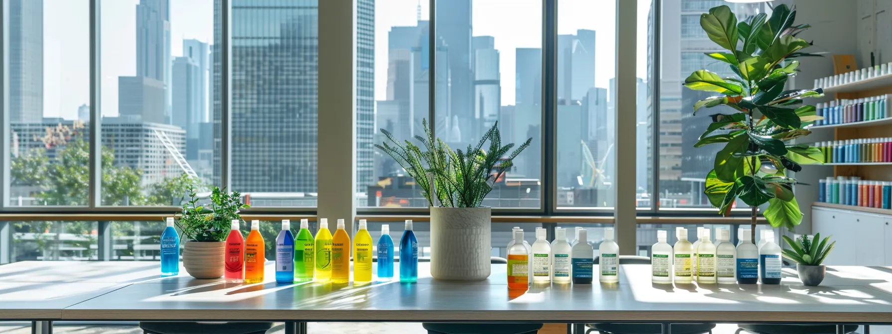 A professional office space with neatly arranged organic mosquito sprays on a sleek desk, emphasizing safe and eco-friendly pest control solutions in a workplace environment.