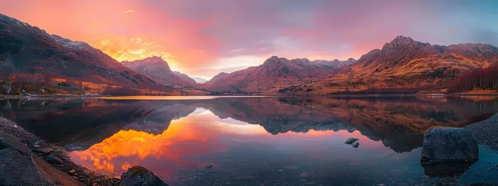 a breathtaking sunset casts vibrant hues of orange and pink over a serene mountain landscape, reflecting in the crystal-clear waters of a tranquil lake.