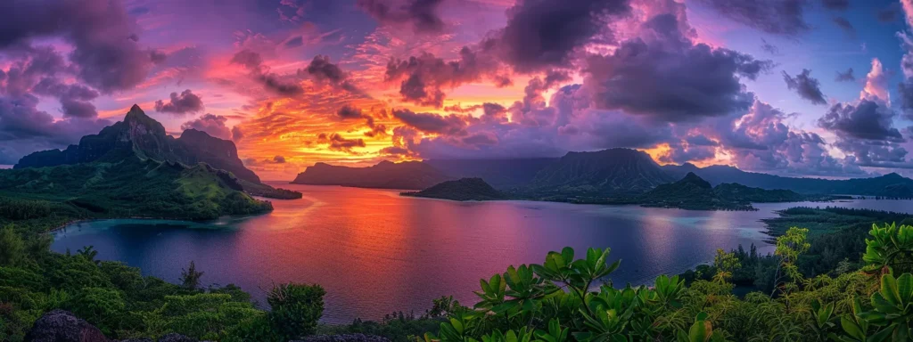 a breathtaking landscape captures a vibrant sunset over a tranquil lake, with fiery orange and deep purple skies reflecting on the glassy water, framed by lush green mountains.