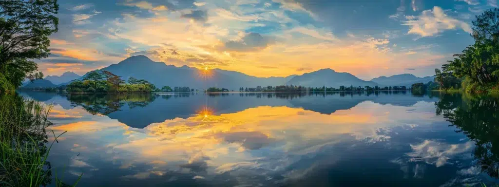 a serene lake reflecting a vibrant sunset, framed by lush greenery and distant mountains, evokes a sense of tranquility and beauty.