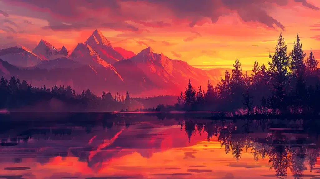 a breathtaking landscape unfolds at sunrise, with majestic mountains silhouetted against a vivid orange and pink sky, reflecting in a tranquil, crystal-clear lake.