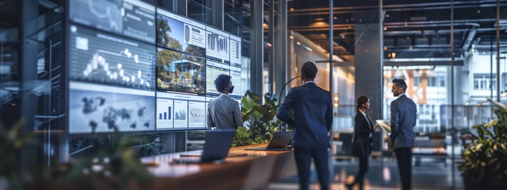 a bustling urban office space features a dynamic presentation showcasing customer case studies on walls, with professionals engaged in discussions about successful mosquito control strategies for residential and commercial properties, illuminated by sleek, modern lighting that emphasizes innovation and collaboration.