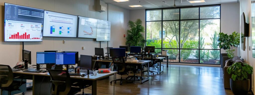 a dynamic office scene showcases a diverse team of pest control professionals analyzing data and charts on large screens, surrounded by modern technology and industry reports, emphasizing innovative mosquito control strategies and customer-focused service plans.
