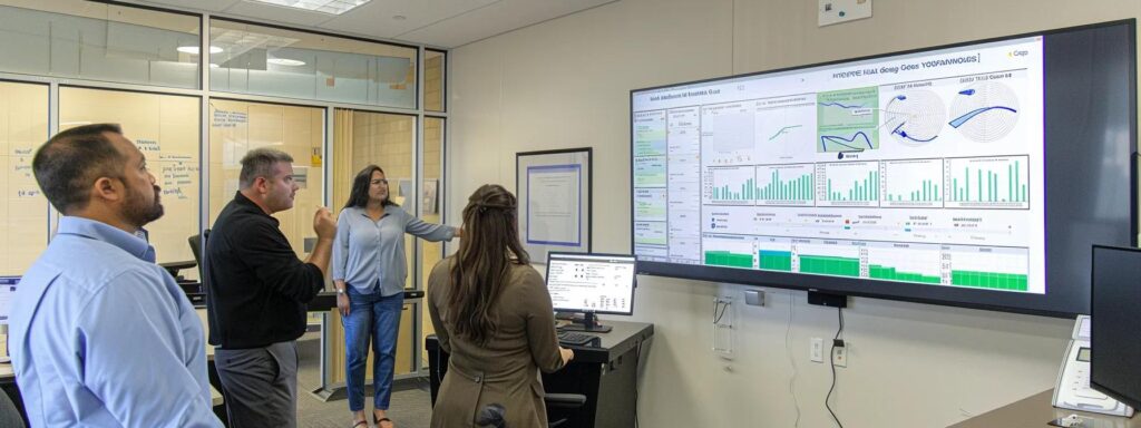 a modern office setting featuring a diverse team of pest control professionals diligently analyzing data on a large screen, showcasing charts and statistics related to mosquito treatment efficacy, customer satisfaction, and eco-friendly practices, all under bright, focused lighting that highlights their engaged expressions.