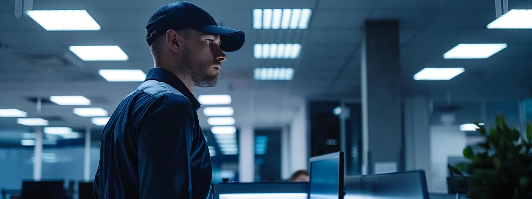 a modern office space is bustling with activity as a confident pest control technician in a crisp uniform inspects a sleek high-tech trap, illuminated by bright fluorescent lights that accentuate the clean lines and polished surfaces of the room.