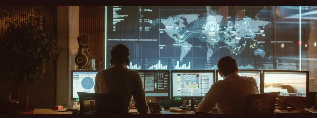 a modern office space showcases a professional pest control team collaborating over a digital monitoring dashboard, surrounded by charts and maps that illustrate mosquito activity and treatment schedules, reflecting a commitment to long-term pest management.